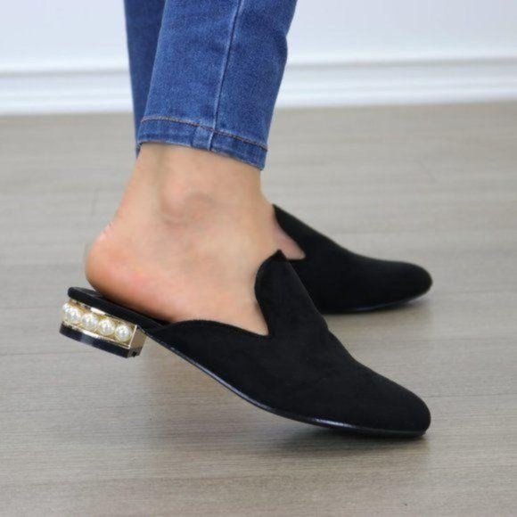 Suede Slip On Loafer Mule Pearl Accents On Heel - Picture 6 of 12